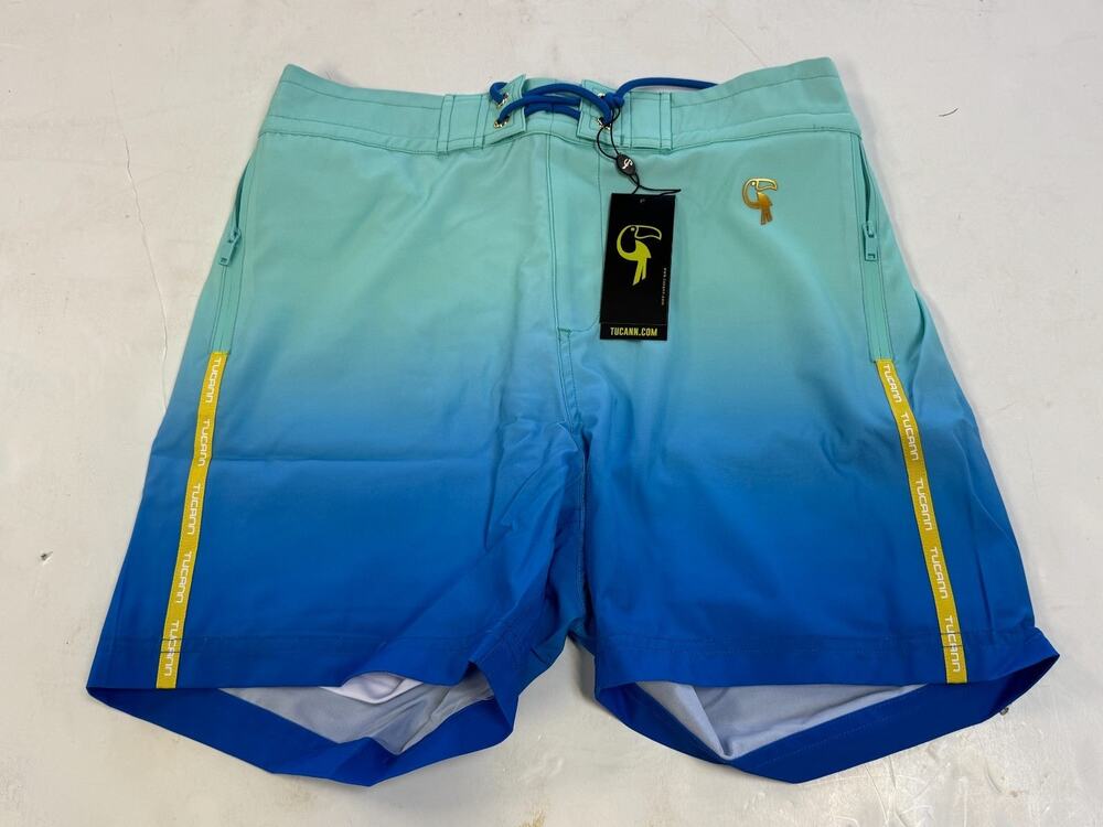 Tucann Premium Men's Swim Shorts Medium Faded Ocean Blue Ombre Board Shorts NWT